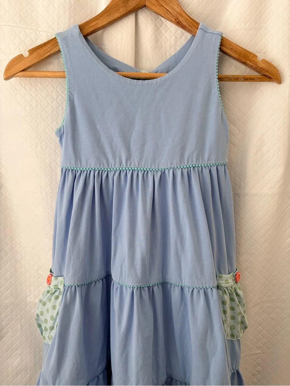 Matilda Jane Light Blue Tiered Dress with Mint Polka-Dot Pockets